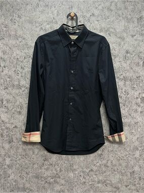 Burberry Black Long-Sleeve Button-Up Shirt with Check Cuff Detail